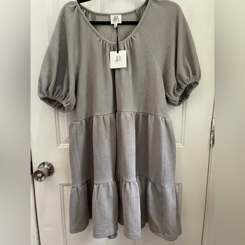 Puff Short Sleeve Gray Tiered Mini Dress